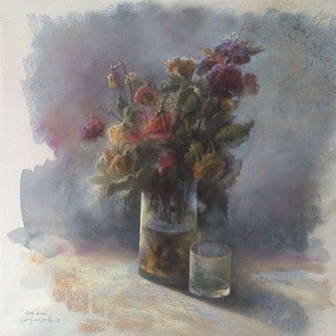 Bodegón de las flores secas - Acuarela y pastel sobre papel Arches - 50x50